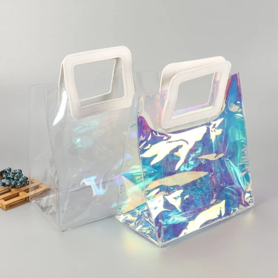 중국 방수 투명한 쇼핑백 레이저 숄더백 PVC 토트백 스탠드 파우치